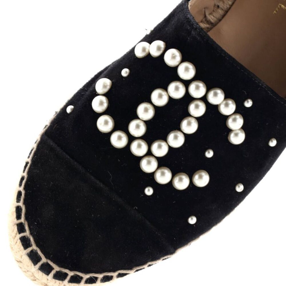 Chanel Women's CC Cap Toe Espadrilles Embellished Suede Black - Picture 5 of 5